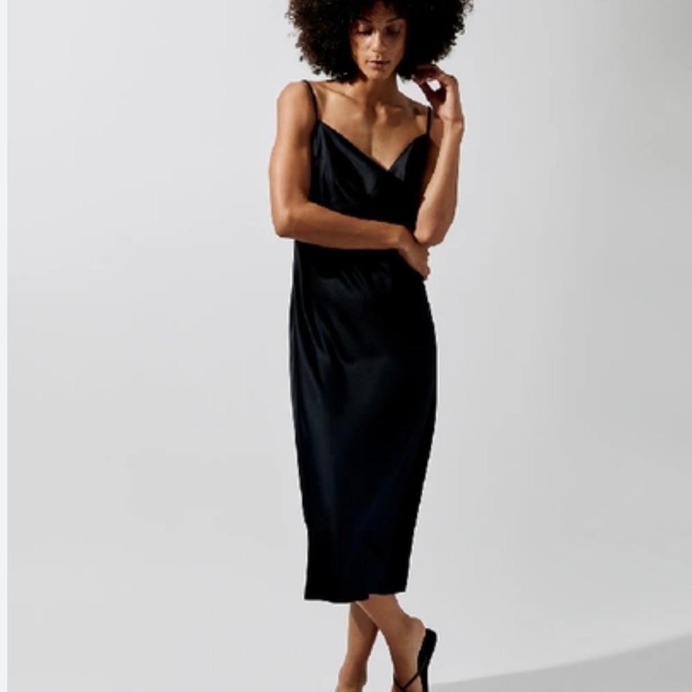 Carbon38 Black Satin Slip Midi Dress Cowl Neck Adjustable Straps Size S
